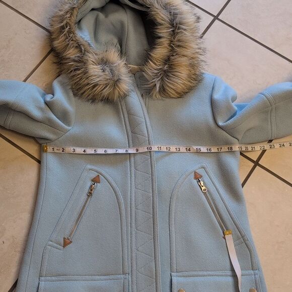 J. Crew Chateau Parka Coat Italian Stadium Cloth Wool Fur Hood Light Blue 4 - Picture 3 of 16
